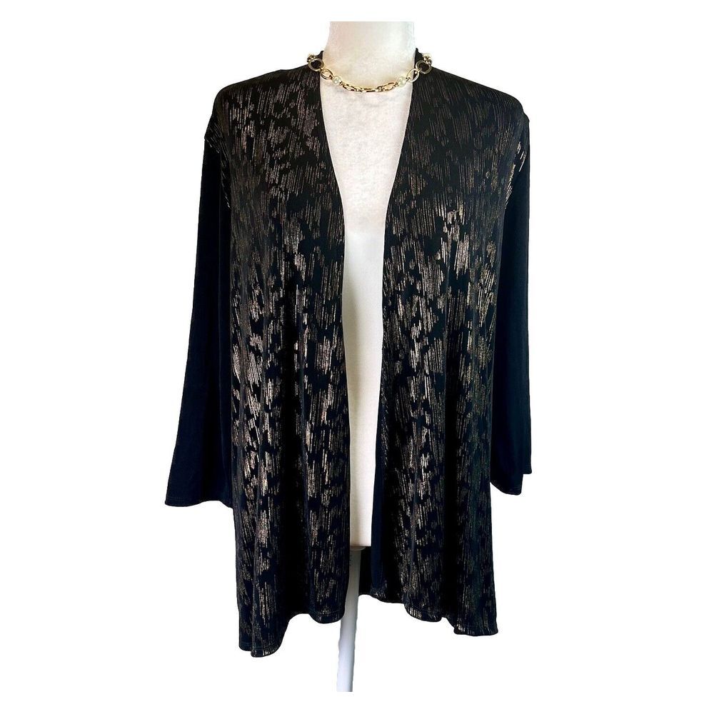 Chico's Slinky Knit Long Sleeve Open Front Metallic Cardigan Duster Jacket 1 | S